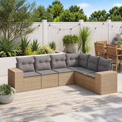 Garden Sofa Set 6 Piece Outdoor Furniture Beige Poly Rattan Modular Patio