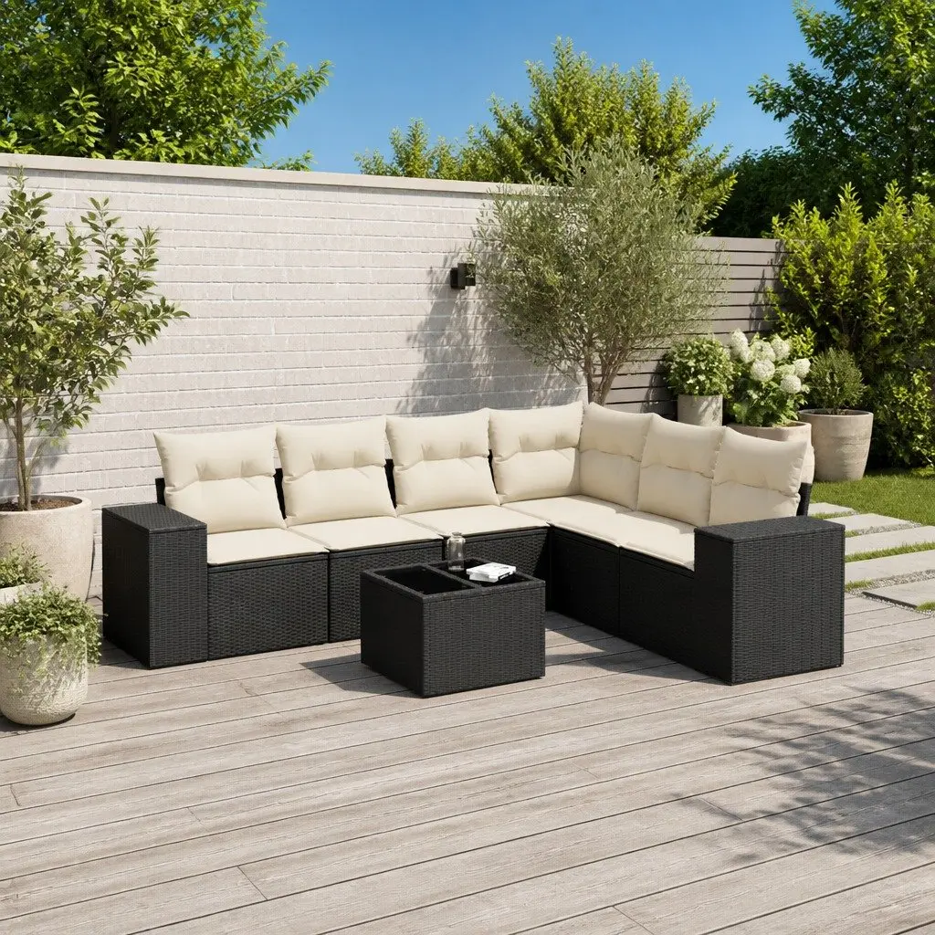 Garden Sofa Set Black 7 Piece Modular Outdoor Furniture Weather-Resistant PE Rattan Tempered Glass Table
