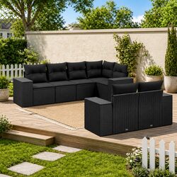 Garden Sofa Set 7 Piece Outdoor Furniture Black Poly Rattan Patio Seating