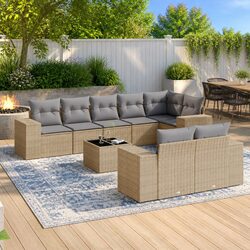 Garden Sofa Set 9 Piece Outdoor Patio Furniture Beige Poly Rattan with Cushions