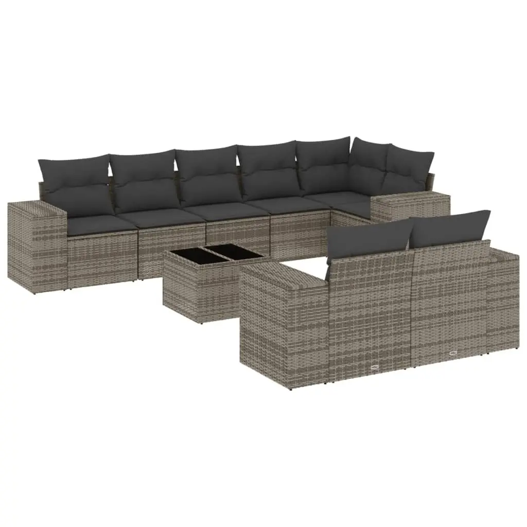 Garden Sofa Set Grey 9 Piece Modular Outdoor Furniture with Storage Function and Tempered Glass Tabletop