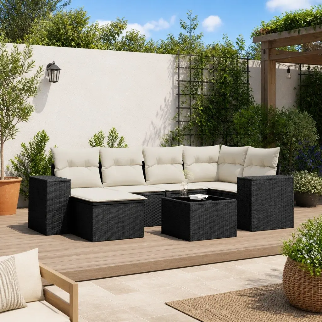 7 Piece Outdoor Garden Sofa Set Black Poly Rattan Patio Furniture with Cushions