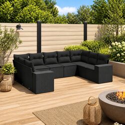 9 Piece Garden Sofa Set Outdoor Patio Furniture Black Poly Rattan with Cushions