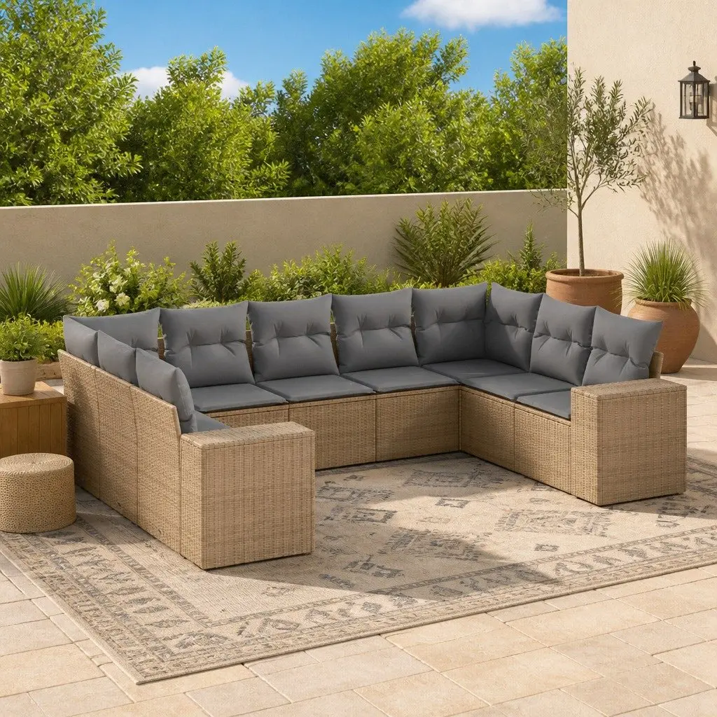 Outdoor Garden Sofa Set 9 Piece Beige Poly Rattan Patio Furniture Modular Design