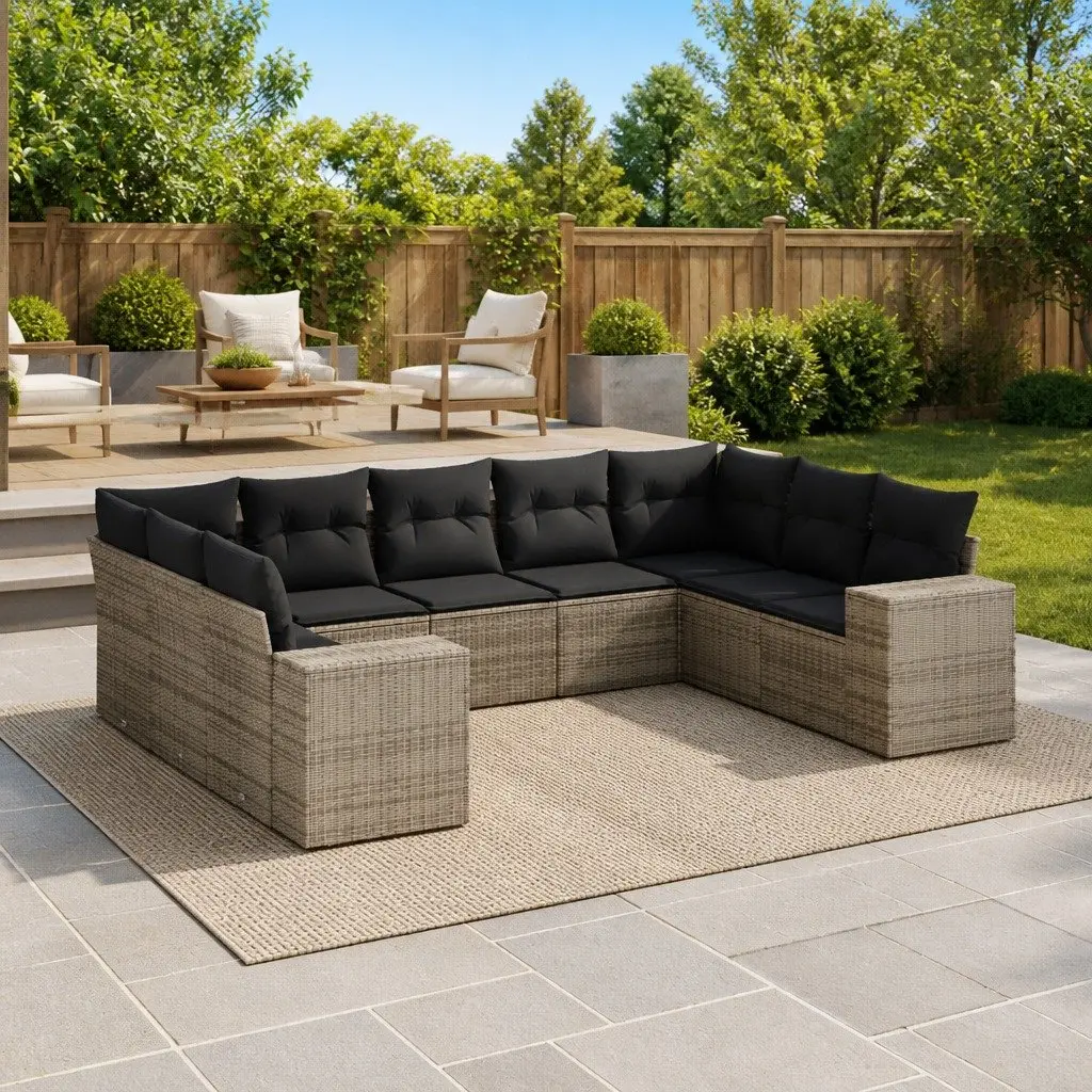 Garden Sofa Set Grey 9 Piece Modular Outdoor Furniture Poly Rattan Weather Resistant