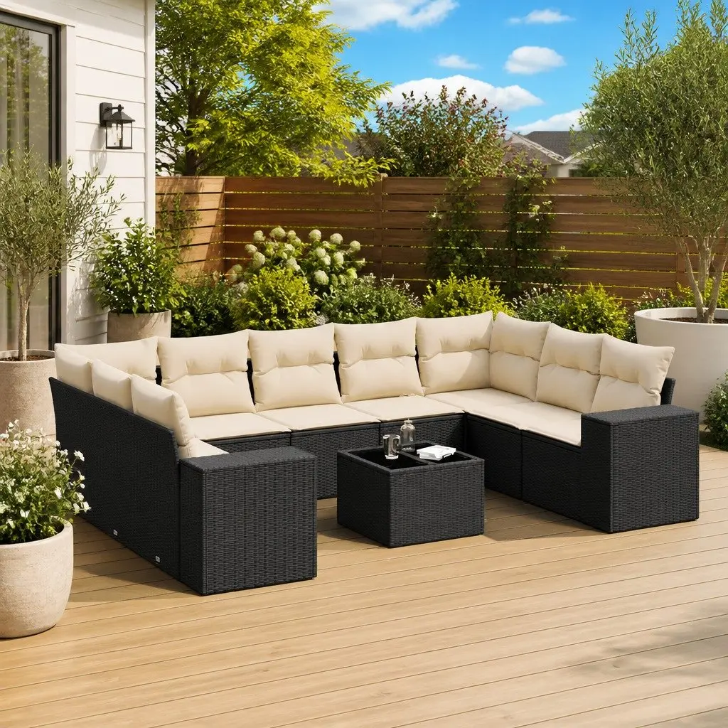 Garden Sofa Set Black 10 Piece Modular Outdoor Furniture PE Rattan with Tempered Glass Table and Under-Seat Storage