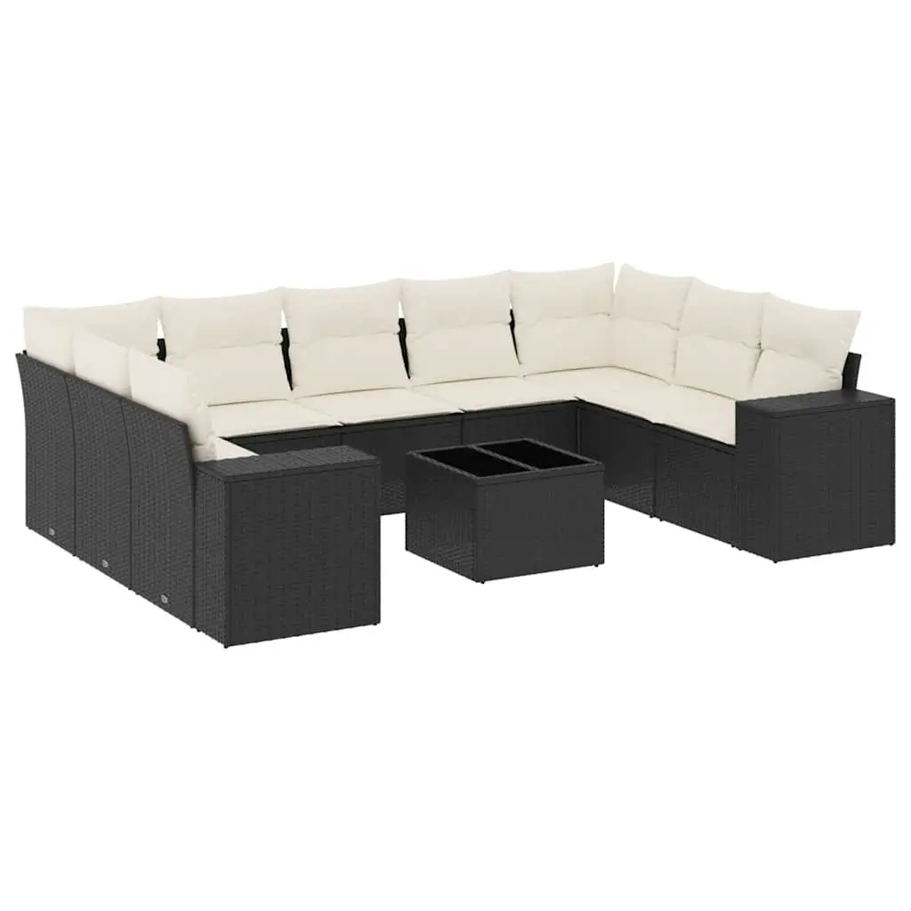 Garden Sofa Set Black 10 Piece Modular Outdoor Furniture PE Rattan with Tempered Glass Table and Under-Seat Storage