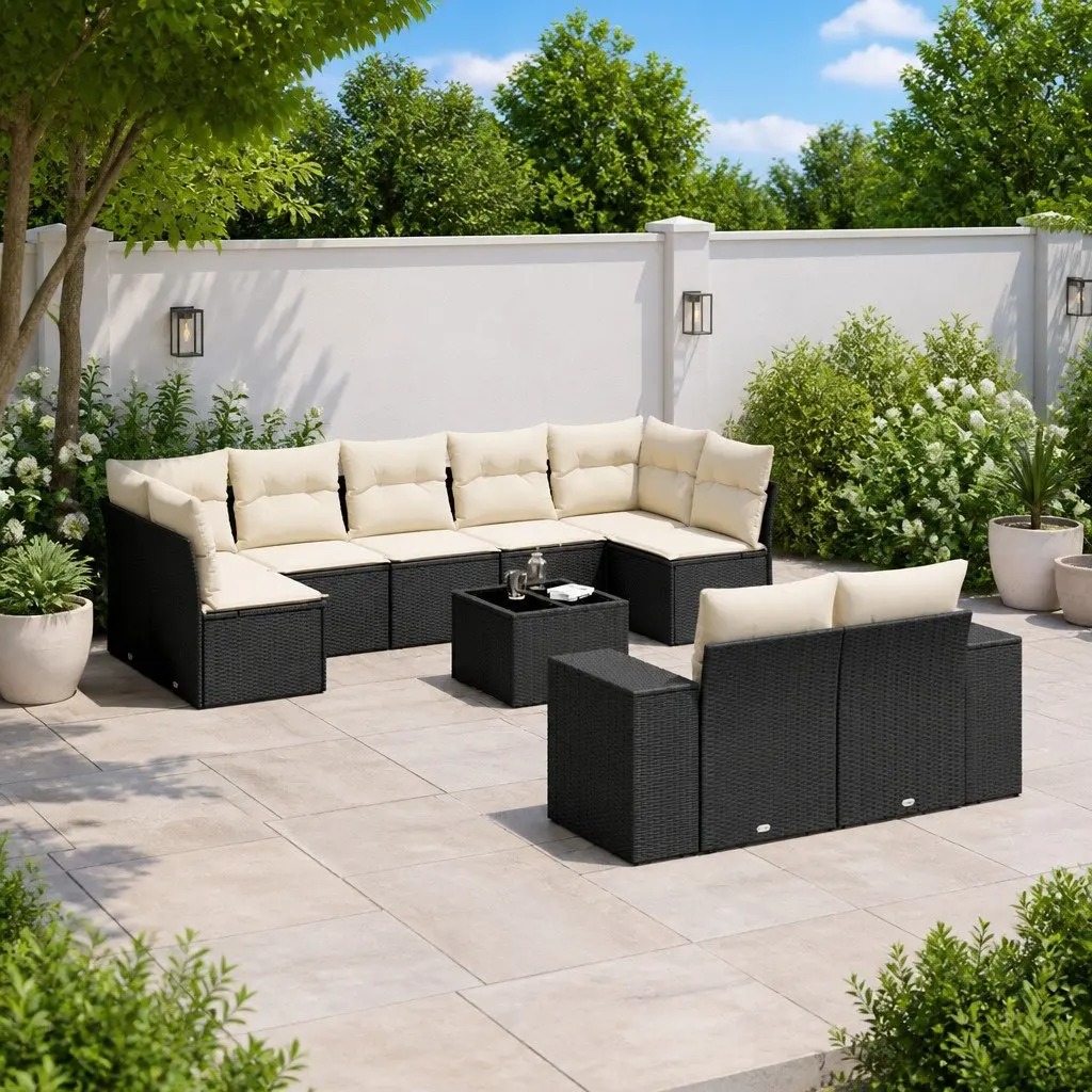 Garden Sofa Set 10 Piece Outdoor Furniture Black Poly Rattan Modular Patio