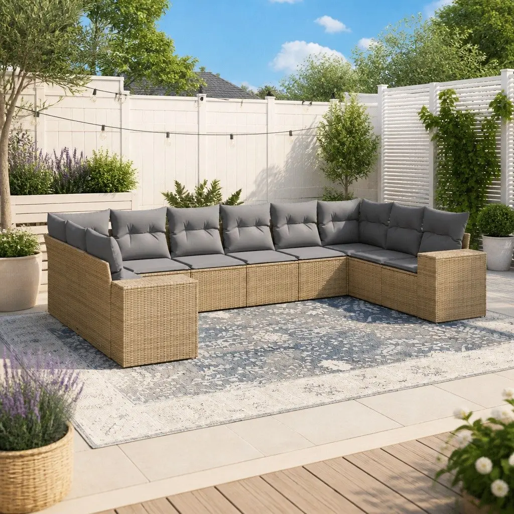 Garden Sofa Set 10 Piece Outdoor Furniture Beige Poly Rattan Modular Patio