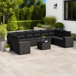 11 Piece Outdoor Garden Sofa Set with Cushions Black Poly Rattan Patio Furniture