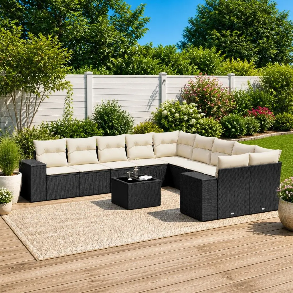 Garden Sofa Set 11 Piece Outdoor Furniture Black Poly Rattan Patio with Cushions