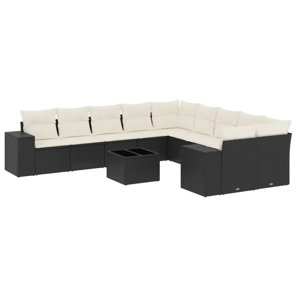 Garden Sofa Set 11 Piece Outdoor Furniture Black Poly Rattan Patio with Cushions
