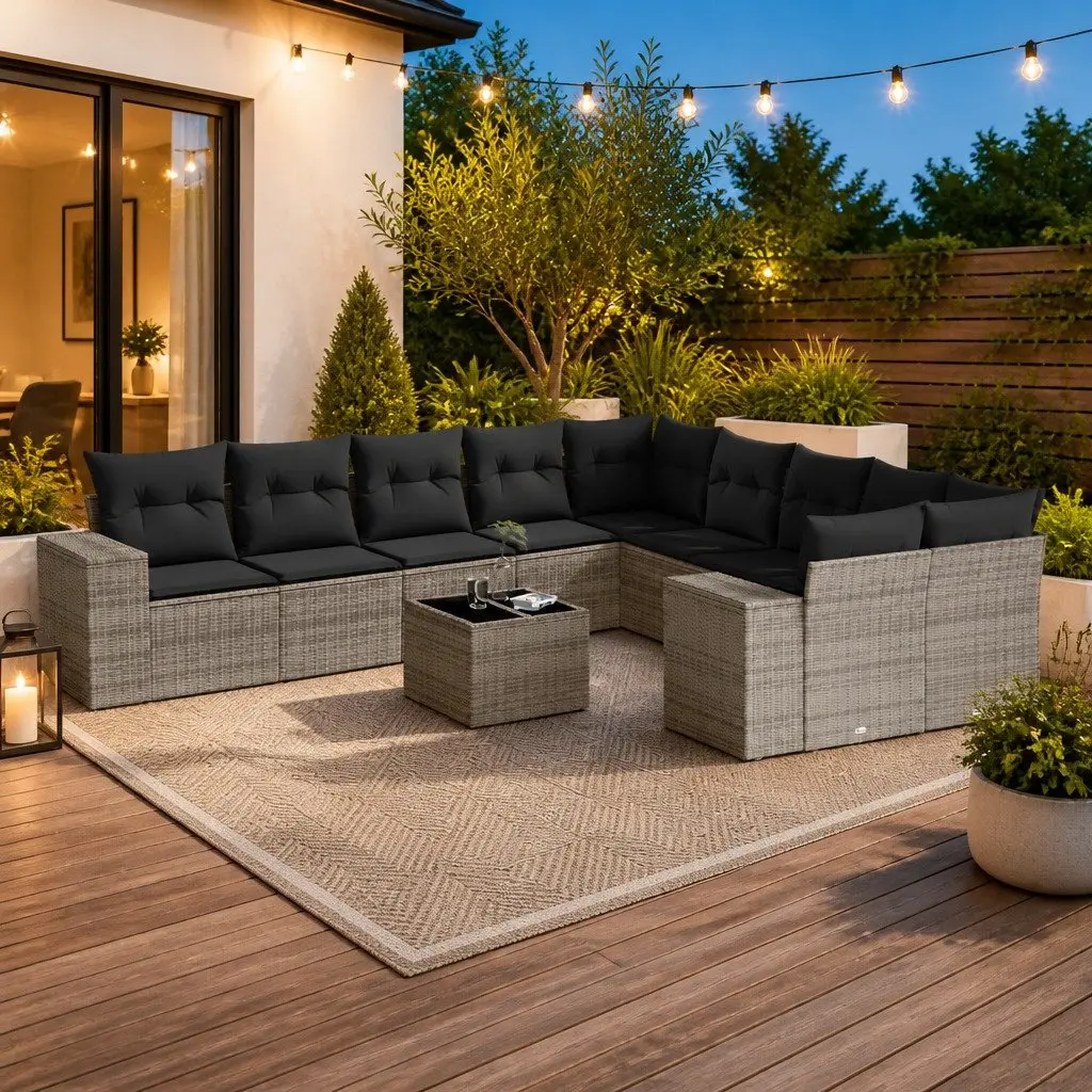 Garden Sofa Set Grey 11 Piece Outdoor Furniture Patio Poly Rattan with Cushions