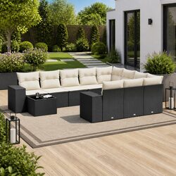 Outdoor Garden Sofa Set 11 Piece Black Poly Rattan Patio Furniture with Cushions