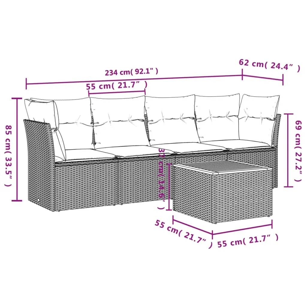 5 Piece Garden Sofa Set with Cushions Grey Outdoor Furniture Poly Rattan Patio