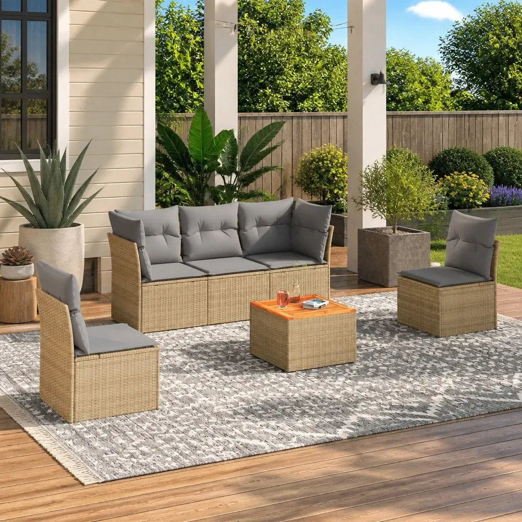 Garden Sofa Set Beige 6 Piece Modular Outdoor Furniture Patio Lounge Poly Rattan