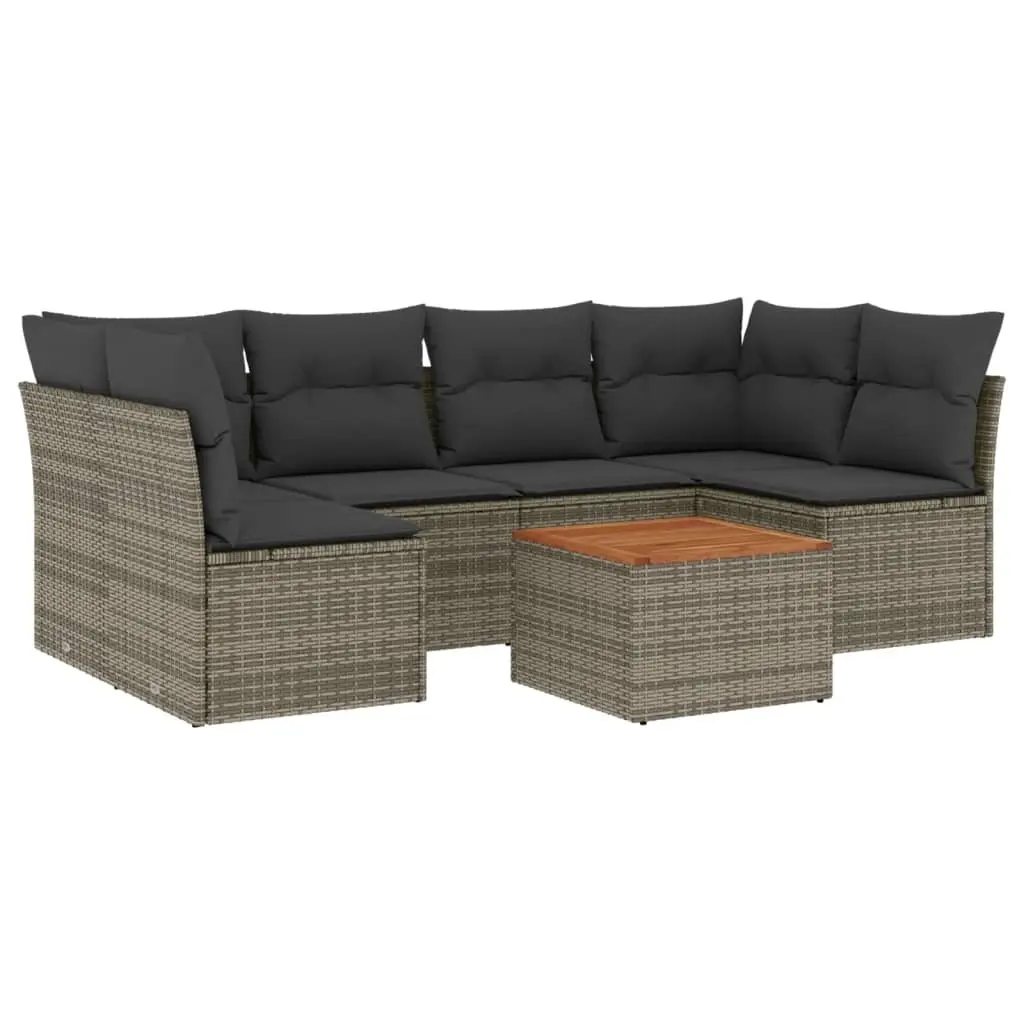 7 Piece Modular Garden Sofa Set Grey PE Rattan with Removable Cushions and Acacia Wood Table for Outdoor Use