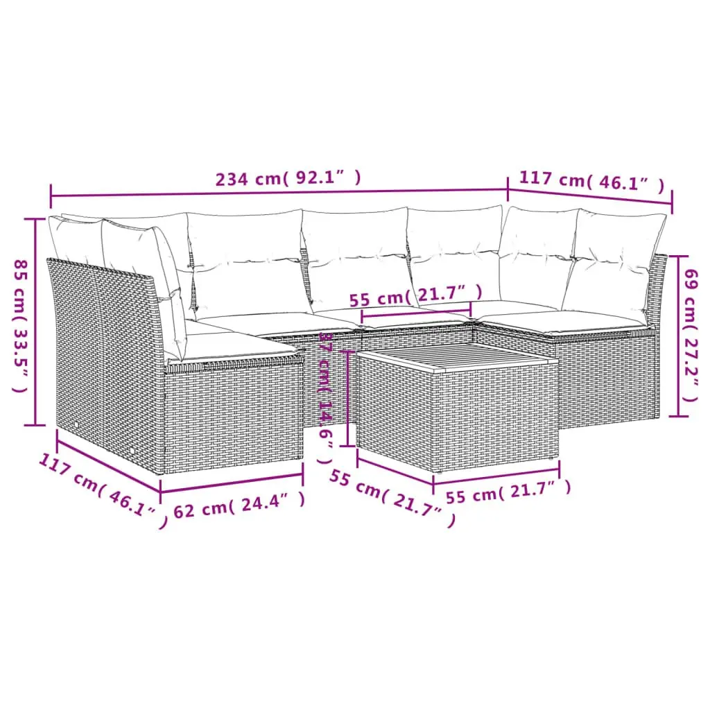 7 Piece Modular Garden Sofa Set Grey PE Rattan with Removable Cushions and Acacia Wood Table for Outdoor Use