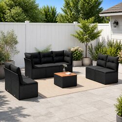 Garden Sofa Set 8 Piece Black Poly Rattan Outdoor Patio Furniture with Cushions