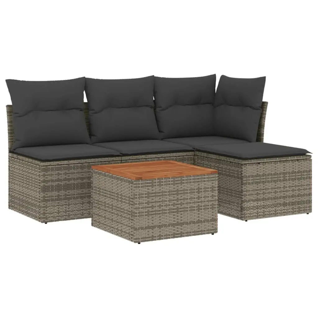 5 Piece Garden Sofa Set with Cushions Grey Poly Rattan Outdoor Furniture Patio