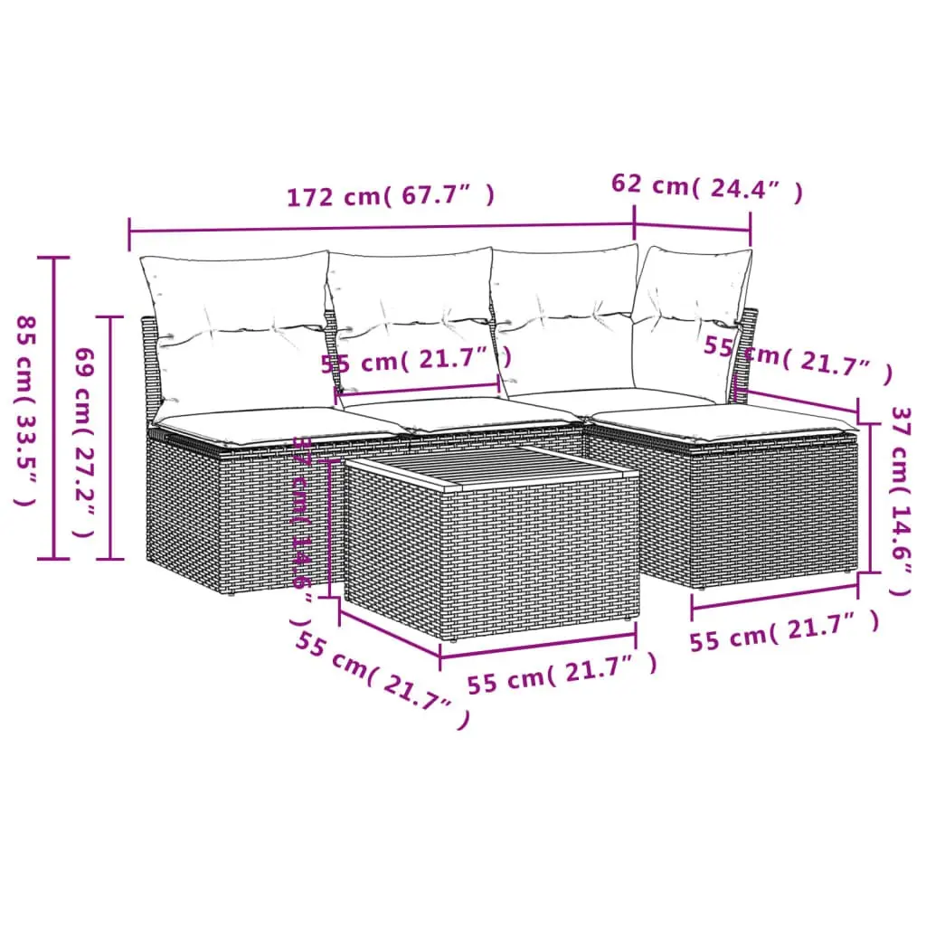 5 Piece Garden Sofa Set with Cushions Grey Poly Rattan Outdoor Furniture Patio