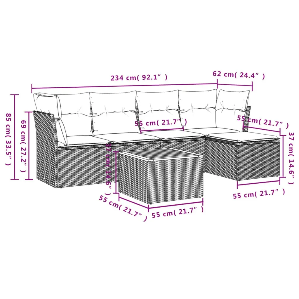 Garden Sofa Set 6 Piece Outdoor Furniture Grey Poly Rattan Modular Patio Seating