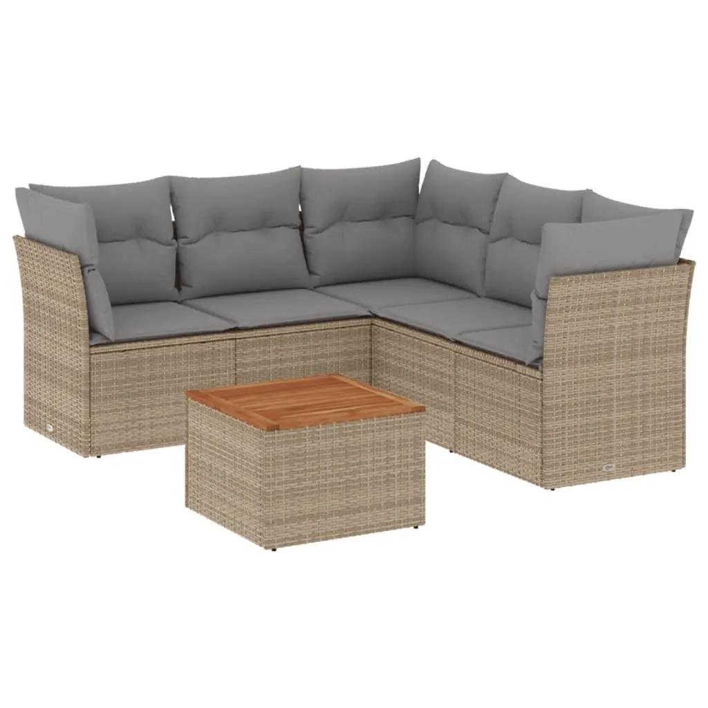 Garden Sofa Set Beige 6 Piece Modular Outdoor Furniture with PE Rattan and Acacia Wood Table