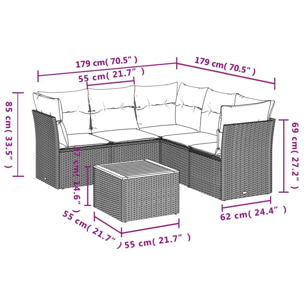Garden Sofa Set Beige 6 Piece Modular Outdoor Furniture with PE Rattan and Acacia Wood Table