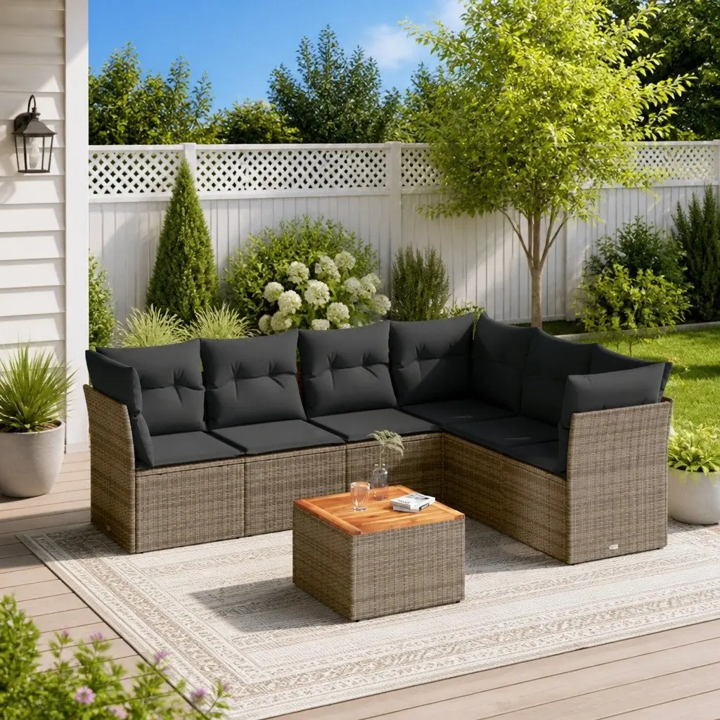 Outdoor Furniture Set Grey 7 Piece Modular Sofa with Storage Weather Resistant Poly Rattan Acacia Wood Table for Patio Garden