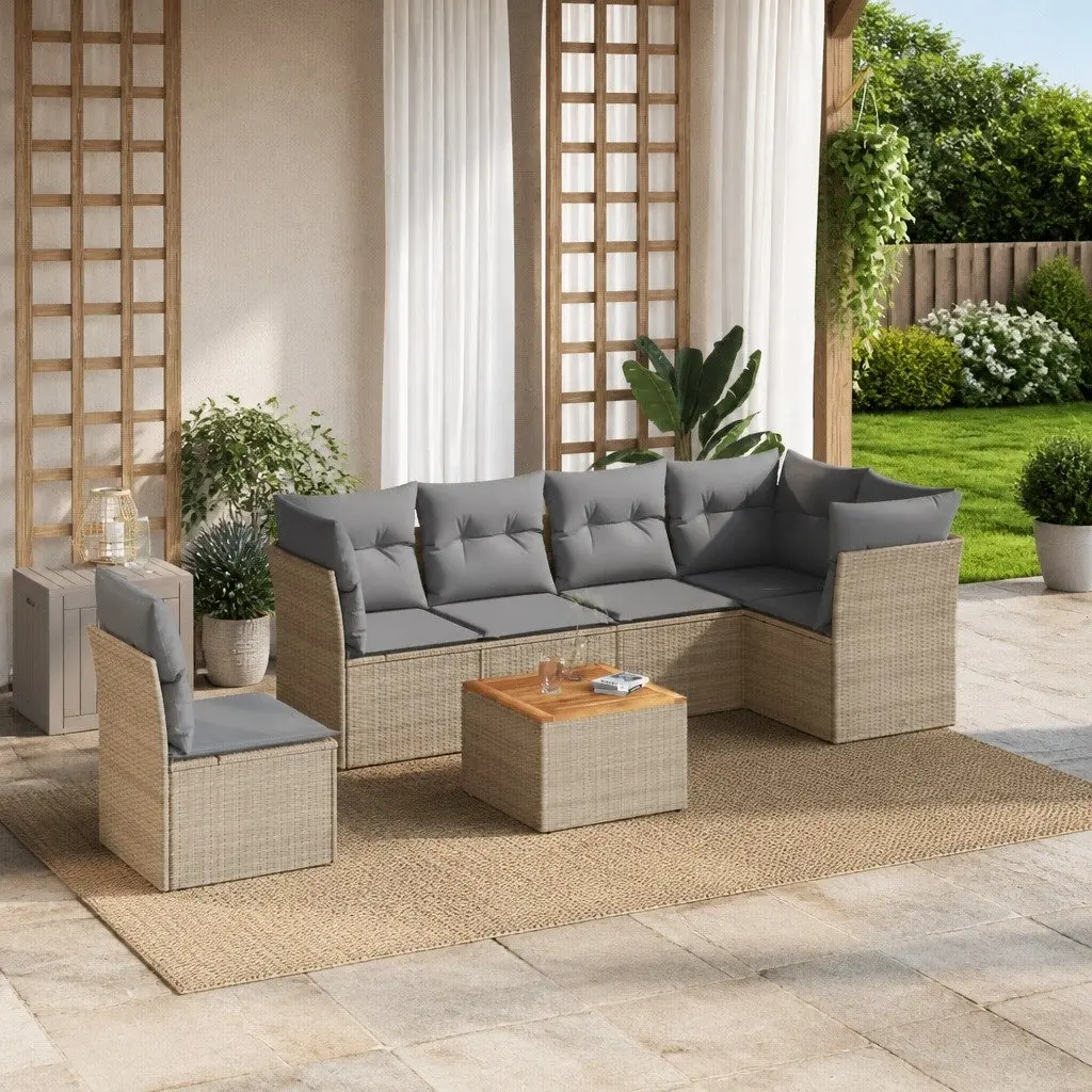 Garden Sofa Set Beige 7 Piece Outdoor Furniture Poly Rattan Patio Sectional with Storage Compartments and Removable Cushion Covers