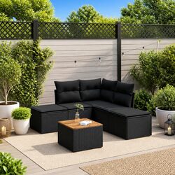 6 Piece Outdoor Garden Sofa Set Black Poly Rattan Patio Furniture with Storage