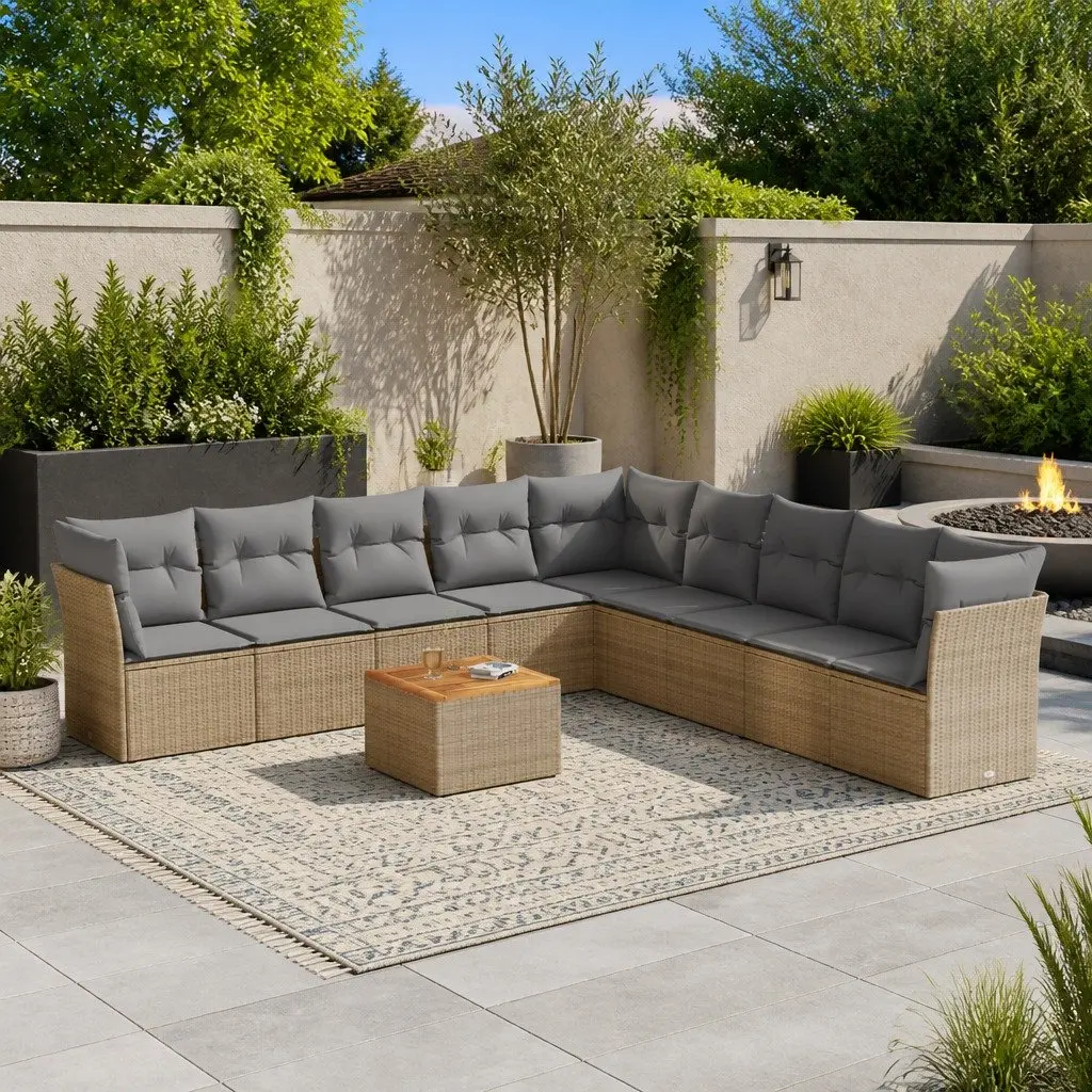 Garden Sofa Set Beige 10 Piece Modular Outdoor Furniture with Storage Function and Removable Cushions