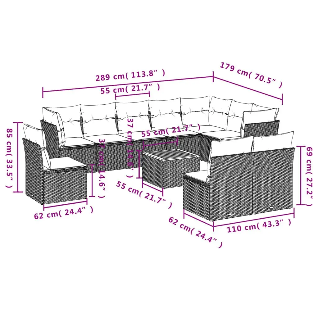 Garden Sofa Set Grey 11 Piece Poly Rattan Outdoor Furniture with Cushions
