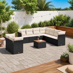 11 Piece Outdoor Garden Sofa Set with Storage Black Poly Rattan Patio Furniture