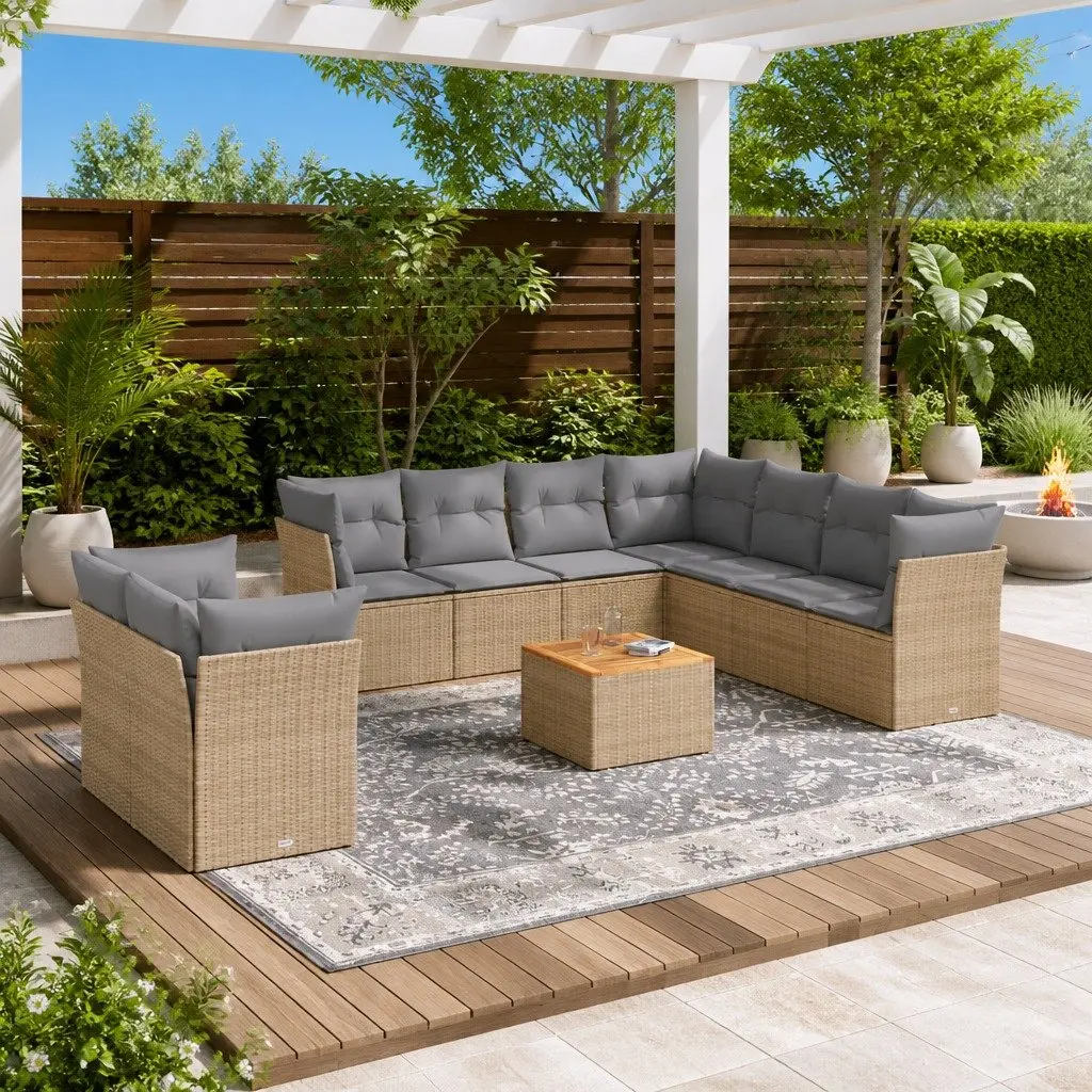 Garden Sofa Set 11 Piece Outdoor Furniture Beige Poly Rattan Patio Lounge Suite