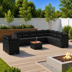 11 Piece Outdoor Garden Sofa Set Black Poly Rattan Patio Furniture with Cushions