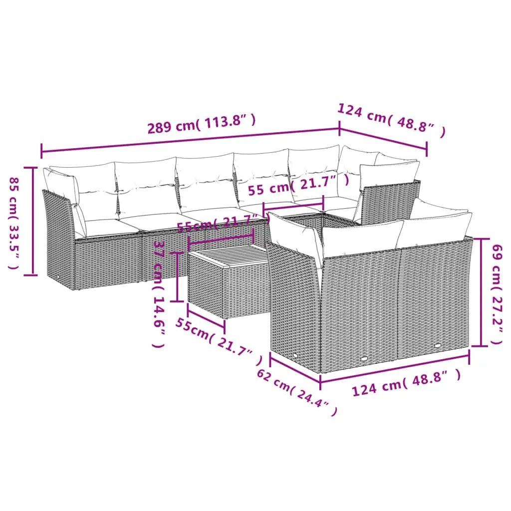 Garden Sofa Set Beige 9 Piece Outdoor Furniture Patio Seating Poly Rattan with Acacia Wood Tabletop Storage Function Removable Cushion Covers