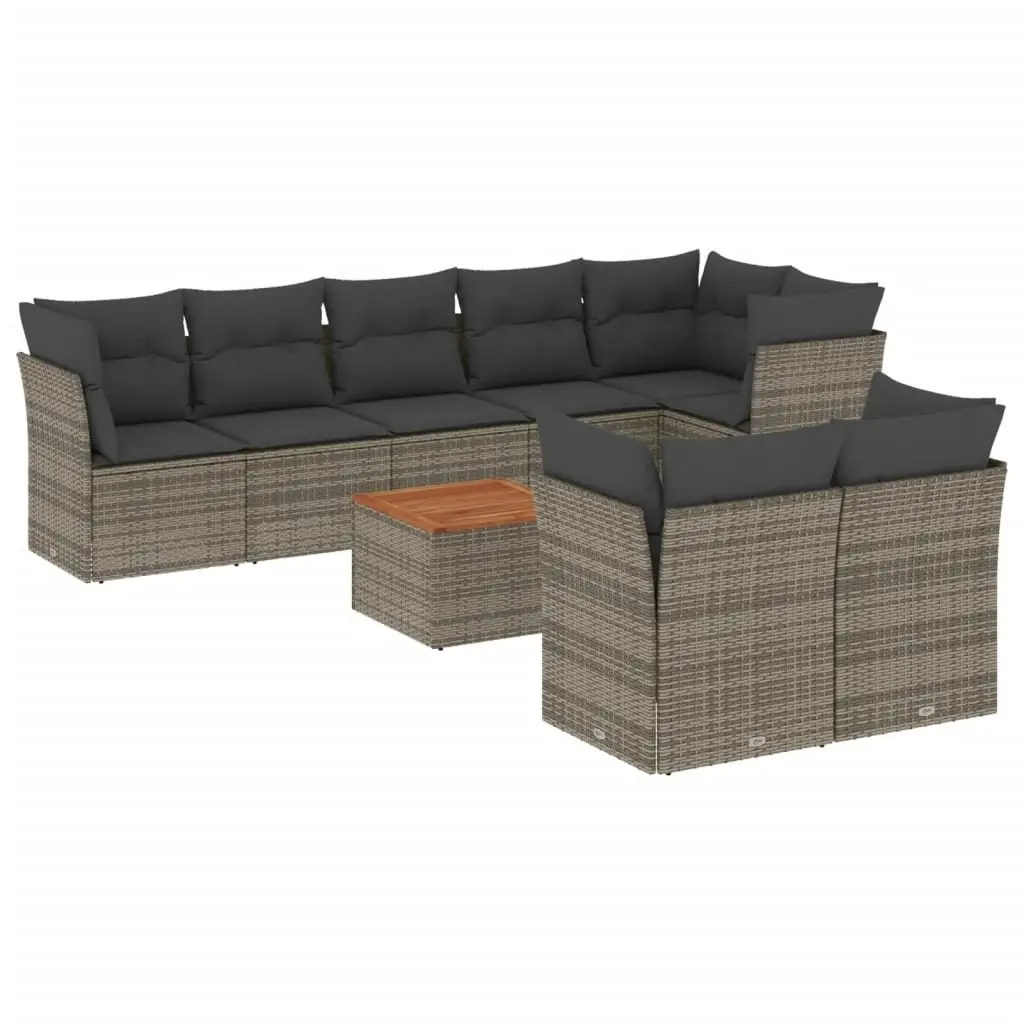 9 Piece Modular Patio Furniture Set Grey Rattan Outdoor Sofa with Cushions and Acacia Wood Table