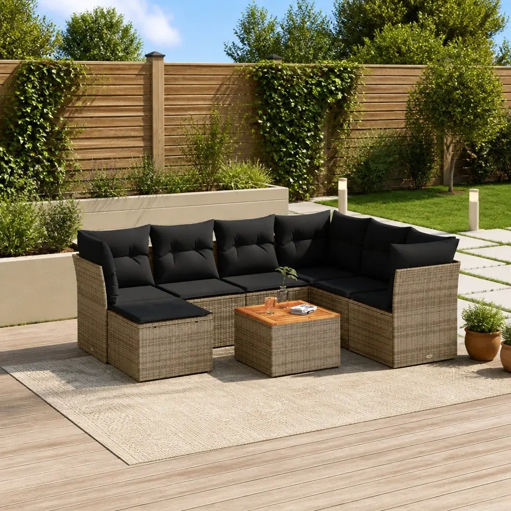 Garden Sofa Set Grey 8 Piece Modular Outdoor Furniture with PE Rattan Construction and Acacia Wood Tabletop