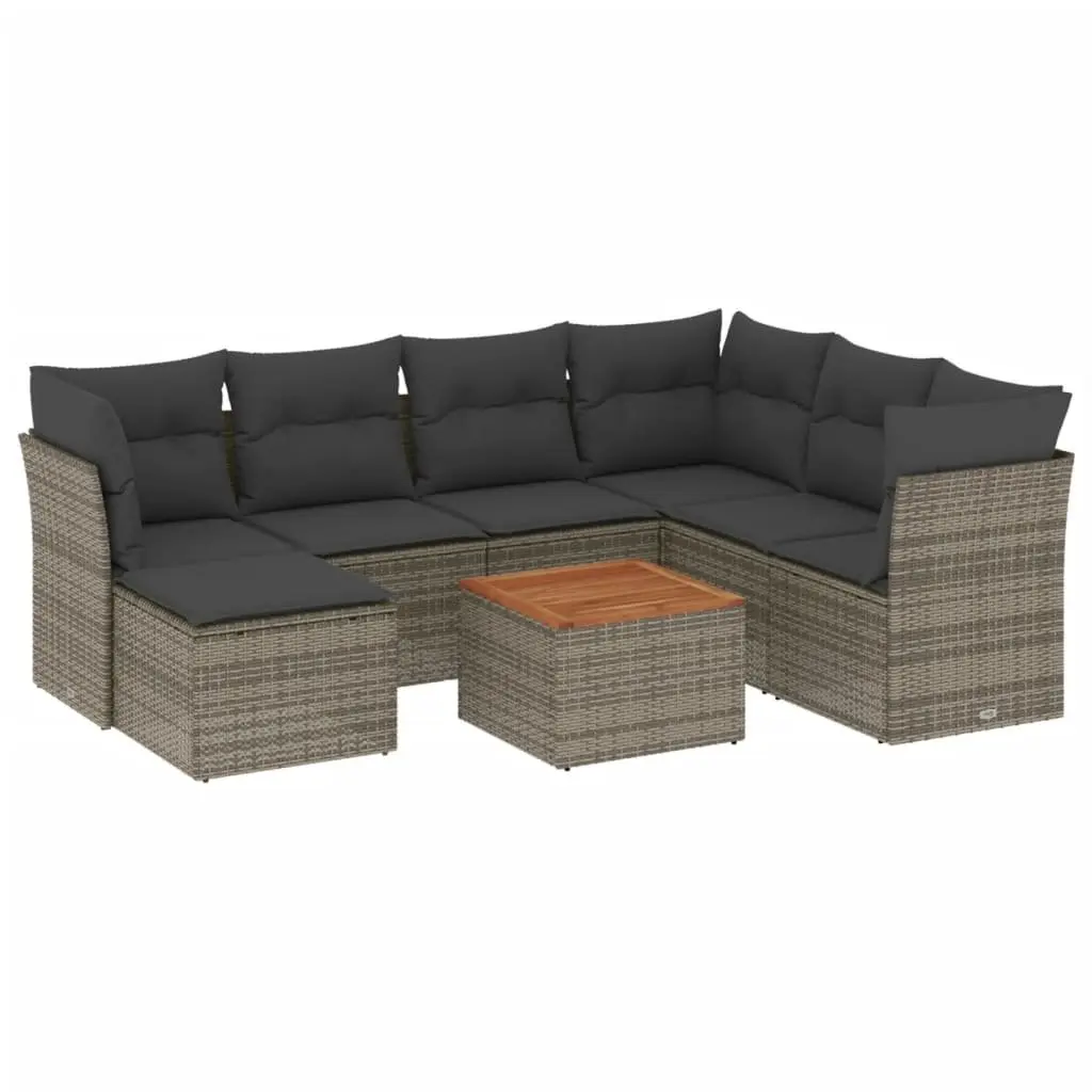 Garden Sofa Set Grey 8 Piece Modular Outdoor Furniture with PE Rattan Construction and Acacia Wood Tabletop