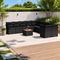 Compact 11-Piece Black Rattan Outdoor Sofa Set