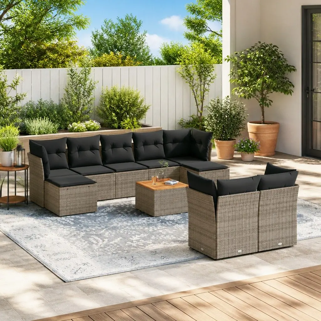 Outdoor Furniture Set Grey 10 Piece Poly Rattan Sofa with Storage Compartments and Acacia Wood Tabletop