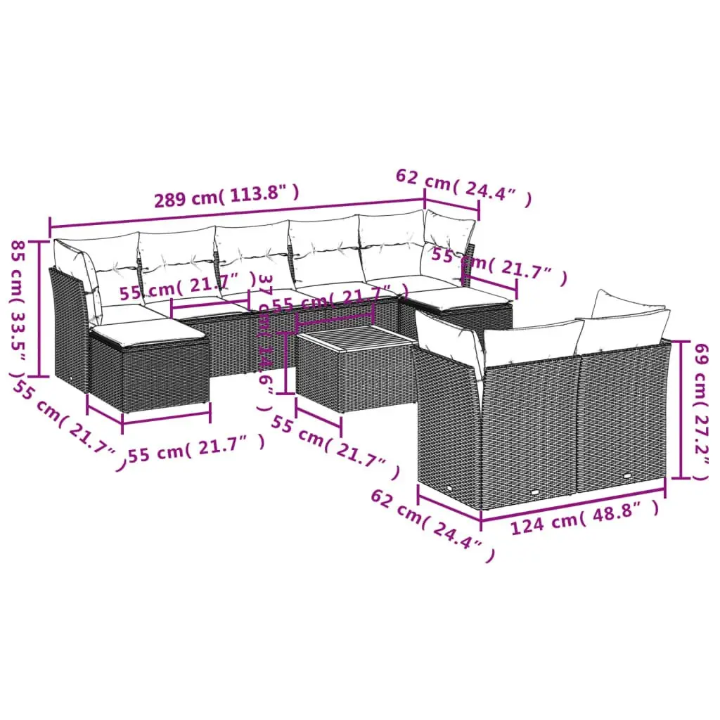 Outdoor Furniture Set Grey 10 Piece Poly Rattan Sofa with Storage Compartments and Acacia Wood Tabletop