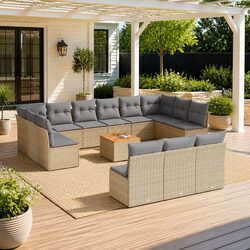 Garden Sofa Set 14 Piece Outdoor Furniture Patio Beige Poly Rattan with Cushions