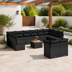 13 Piece Outdoor Garden Sofa Set Black Poly Rattan Patio Furniture with Cushions