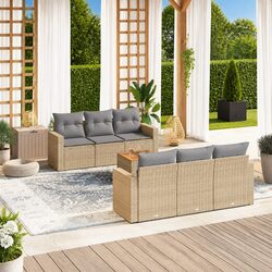 7 Piece Garden Sofa Set Outdoor Furniture Beige Poly Rattan Patio Sectional