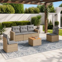 Garden Sofa Set 6 Piece Outdoor Furniture Patio Beige Poly Rattan with Cushions