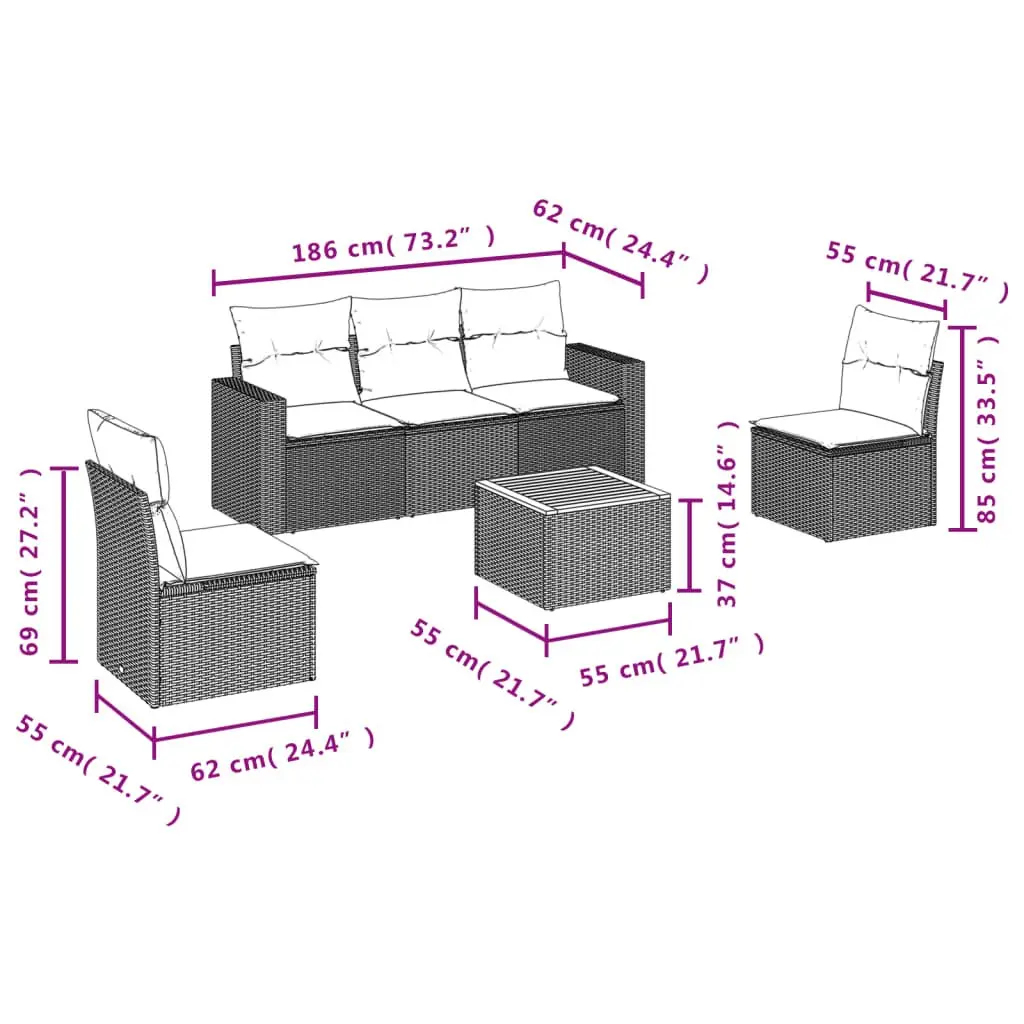 Garden Sofa Set Beige 6 Piece Outdoor Furniture Patio Poly Rattan with Cushions