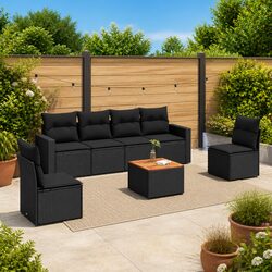 7 Piece Black Outdoor Garden Sofa Set Rattan Patio Furniture with Cushions