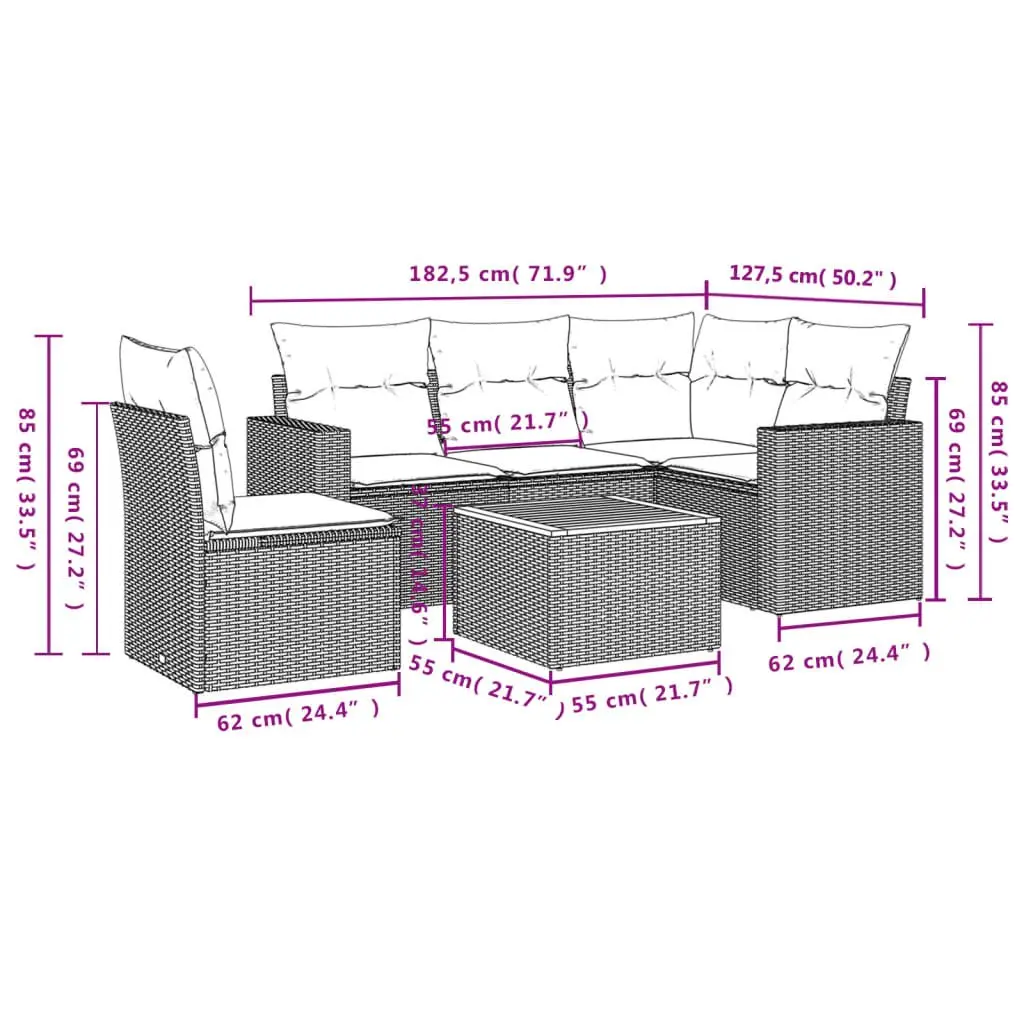 Garden Sofa Set 6 Piece Outdoor Furniture Grey Poly Rattan Patio Seating with